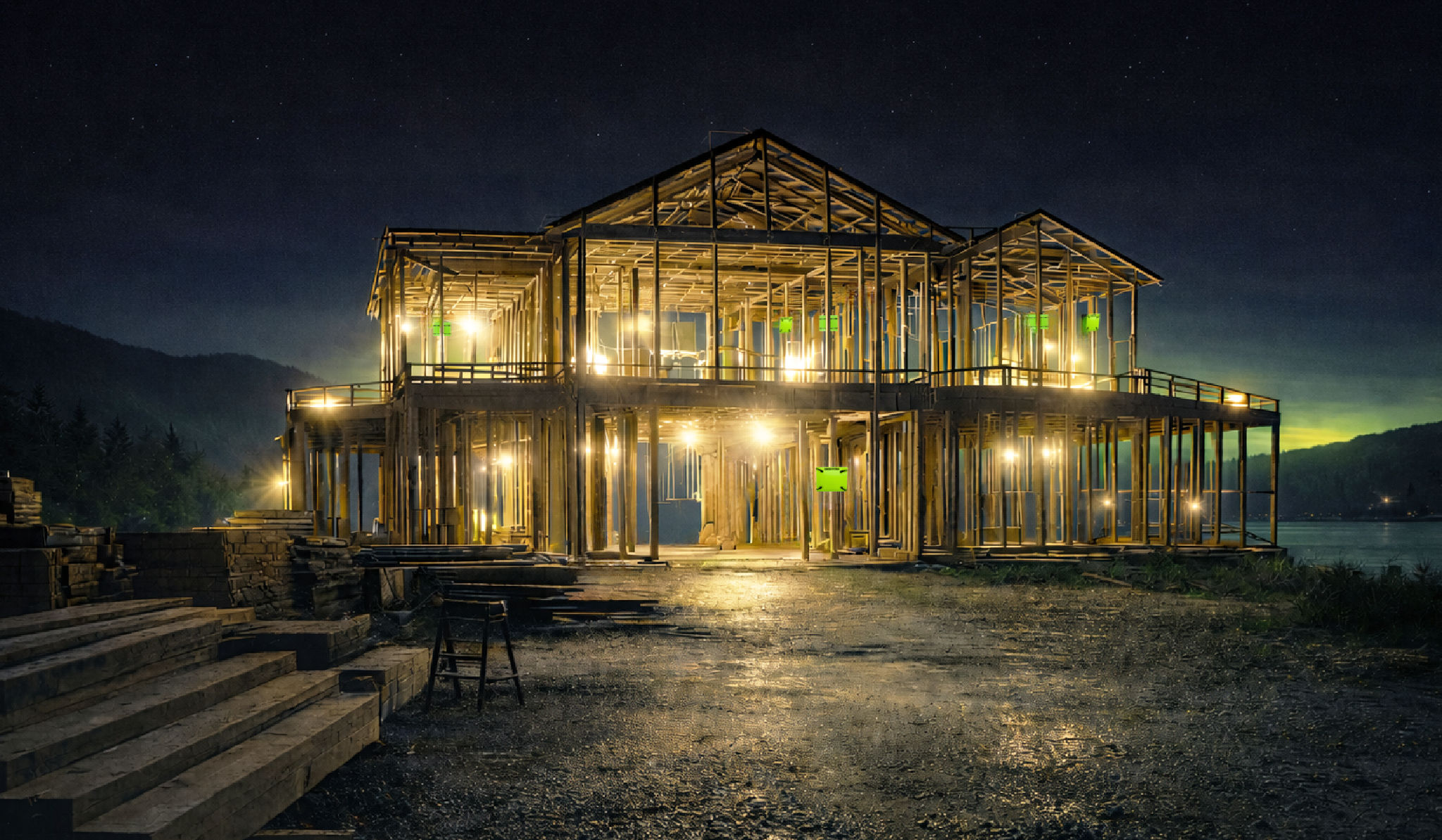 Open framed building at night showing GREEN FLASH mobile jobsite desks mounted throughout the structure