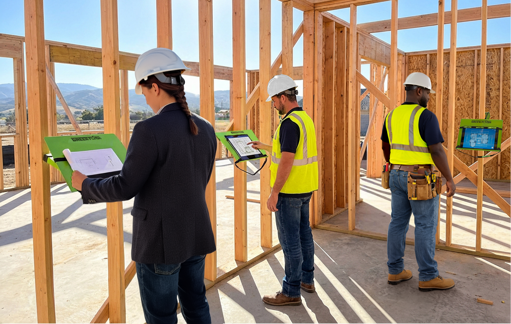 Builders and architect using GREEN FLASH mobile jobsite desks mounted to wood framing inside an unfinished structure